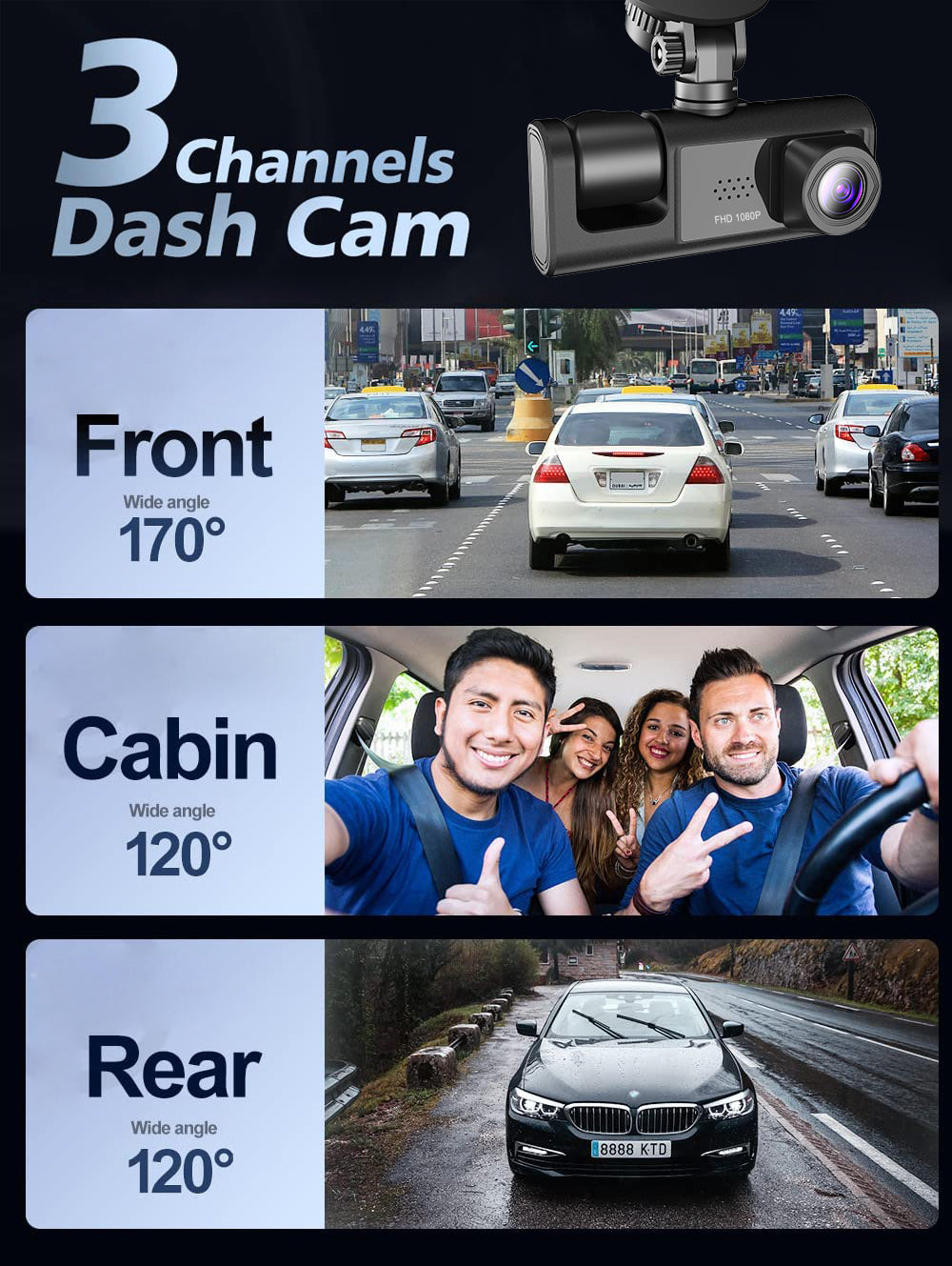 Car Dual Lens Dash Cam HD 1080P Front/Rear/Ins